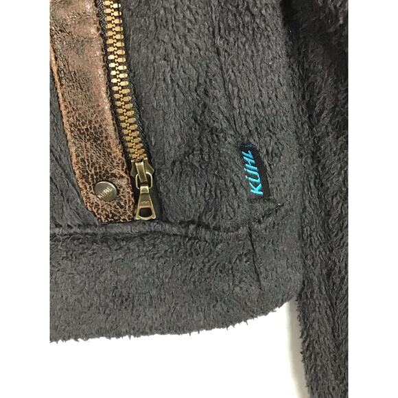 KUHL Moto-Vation Black Fleece Brown Leather Trim Full Zip Jacket Pockets sz M - Picture 7 of 14